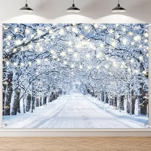7x5ft Snowy Forest Path Light Strip Winter Backdrop for Christmas Party, Family Photoshoot Photography Background