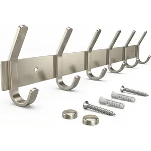 Wall Mounted Coat Rack - 17 Inch Brushed Nickel Stainless Steel Hook Rail with 6 Heavy Duty Double Coat Hooks, Wall Mounted Hanger Organizer for Entryway Bathroom Bedroom Towel Hat