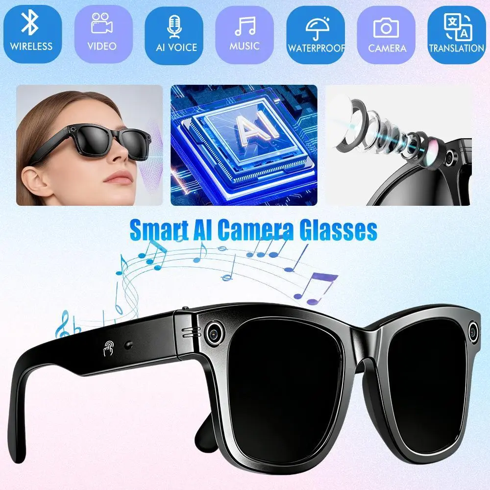 【DealsForYou】Smart AI camera glasses with 8MP photochromic lenses. Touch control, designed for travel and outdoor use. Enable hands-free photos/video, real-time translation for 160+ languages, and provide UV protection.AI Interaction The perfect gift