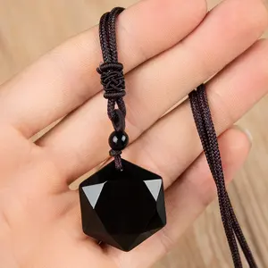 Obsidian Hexagram Simple Necklace - Natural Gemstone Crystal Pendant - Energy Stone Necklace for Men and Women -Black Onyx