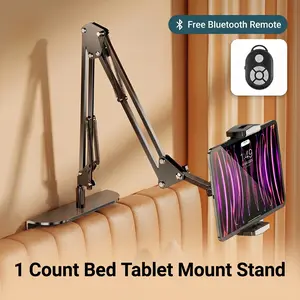 1 Count Bedside Tablet Stand with Metal Base, Universal Holder for Phone and iPad. Flexible Mechanical Arm. Fits 4-12.9 Inch Devices. Clamp or Desktop Mount