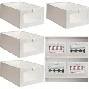 4 Pcs Linen Closet Organizers, Foldable Clothing Bins, Large Foldable Box with Window, Storage Baskets for Closet Shelf, Stackable Home Organizer, Collapsible Storage