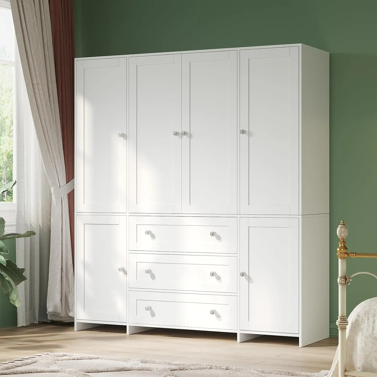 VOWNER 71" Wooden Armoire Wardrobe Closet Dresser - 6-Door Indoor Wardrobe Clothes Storage Cabinet with Hanging Rod, Drawer Storage, Built-in Mirror, Large Spacious Capacity for Bedroom, Indoor Wardrobes