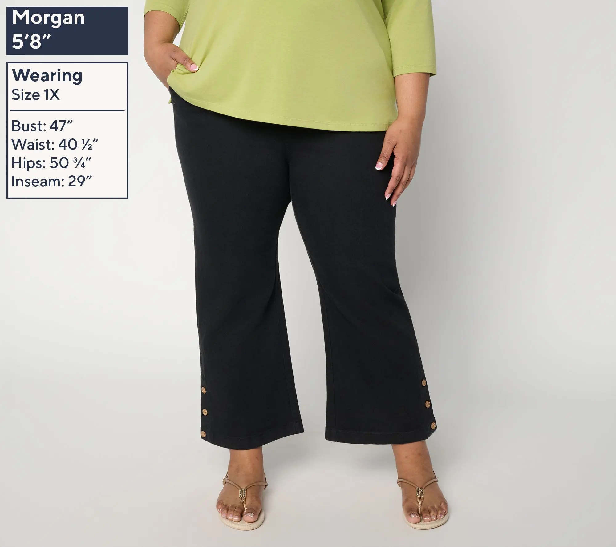 Denim & Co. Regular Black Flat Front Capris Pants w/ Hem Detail