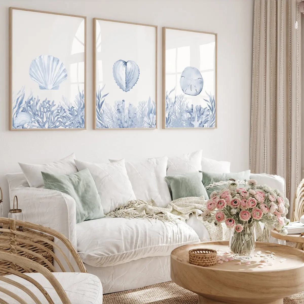 Coral Wall Art, Sand Dollar and Seashell Prints, Coastal Gallery Wall Set, Room Decor, Unframed