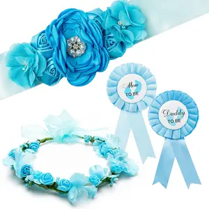 Blue Maternity Sash Kit Mom to Be & Daddy to Be Corsage Blue Flower Crown Pregnancy Sash Decoration Baby Shower Kit Party Favors Baby Boy Pregnancy Photo Prop Gift