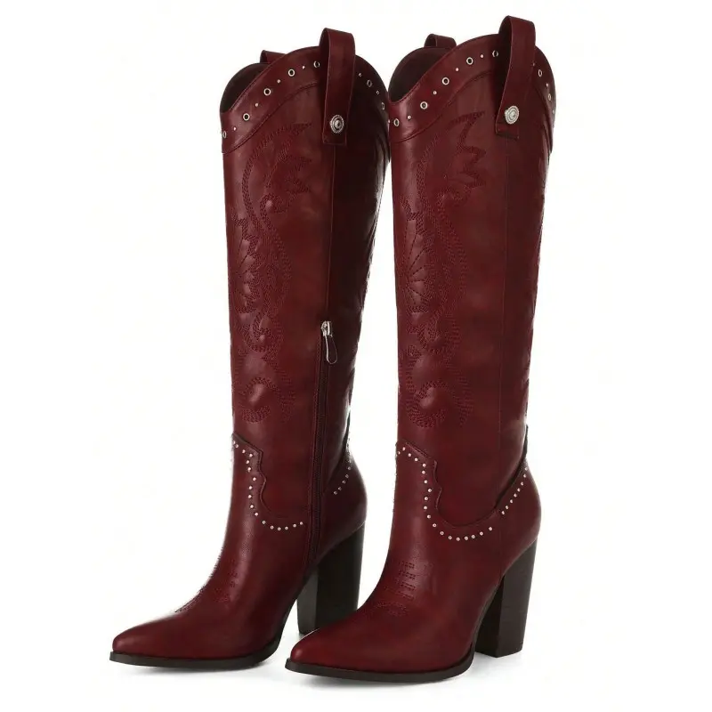 AOSPHIRAYLIAN  Chunky Heels Boots  Bohemian Style Pointed Toe  women's Boots Outdoor Fun Vacation Boots Embroidered Pointed Toe Knee High Western Chunky Heels Boots Brown Red Black
