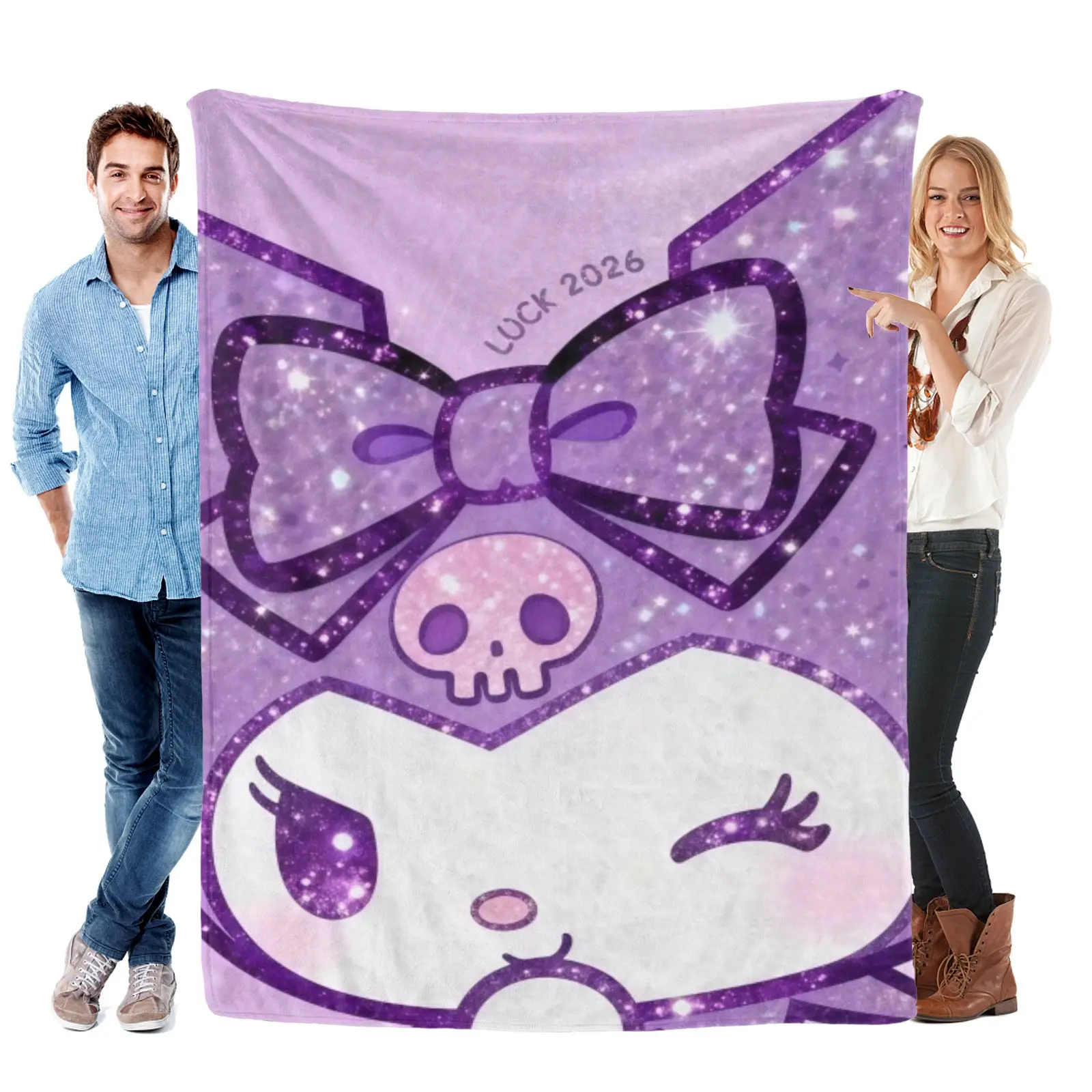 Sanrio Kuromi All Over Mini Head Print Blanket, Soft Fleece Sanrio Blanket For Kuromi Stuff Fans, Girls Collectors