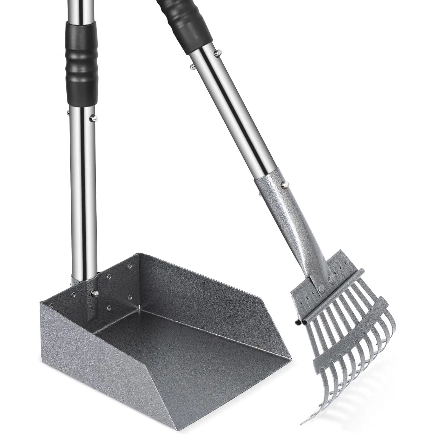 Metal Dog Pooper Scooper Clip-On Kit, Home Care Broom Set Featuring Adjustable Long Sectional Stainless Steel Handle, Poop Tray and Rake