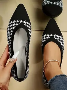 Women's Houndstooth Pattern Slip on Flats, Lightweight Knitted Shoes, Pointed Toe Shoes for Daily Wear Footwear