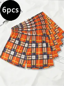 Fashionable Plaid Six-Piece Men's Underwear Set, Comfortable Breathable High-Quality Boxers, Polyester Fabric, Ideal for Sports and Travel