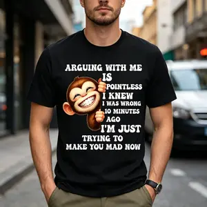 Men's 100% Cotton Oversized Graphic Tee, Funny Monkey "Useless To Argue With Me" Print, Vintage Cute Fashion Shirt, Ideal Valentine's Day Gift For Him
