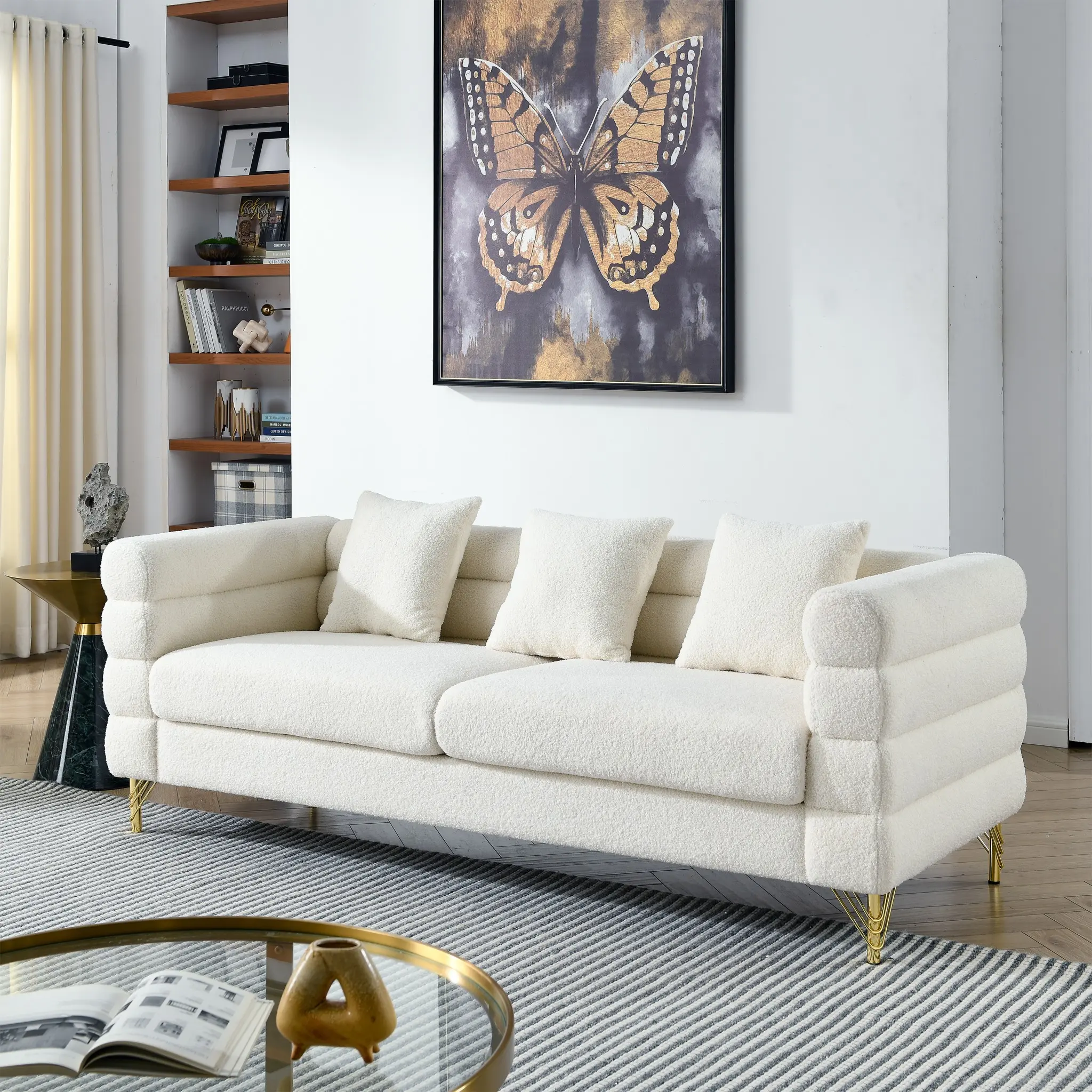 Eyisean 81" Modern Boucle Sherpa Deep Sofa Couch, Comfort Teddy Fabric 3-Seater Sectional Sofa with 3 Pillows, Gold Metal Legs, Luxury Couches for Living Room/Apartment