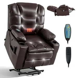 VEVOR Power Lift Recliner Chair, Triple-Motor, Large Electric Lift Chair with Heat and Massage for Elderly, Infinite Position Adjustment, Leather Surface, with Storage Pockets and Cup Holders, Brown
