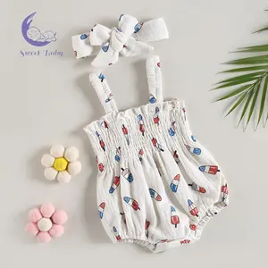 Independence Day Baby Girl Jumpsuit Set Summer Ice Cream Print Sleeveless Ruched Rompers and Stretch Headband Cute Newborn baby boy clothes baby clothes girl baby stuff clearance