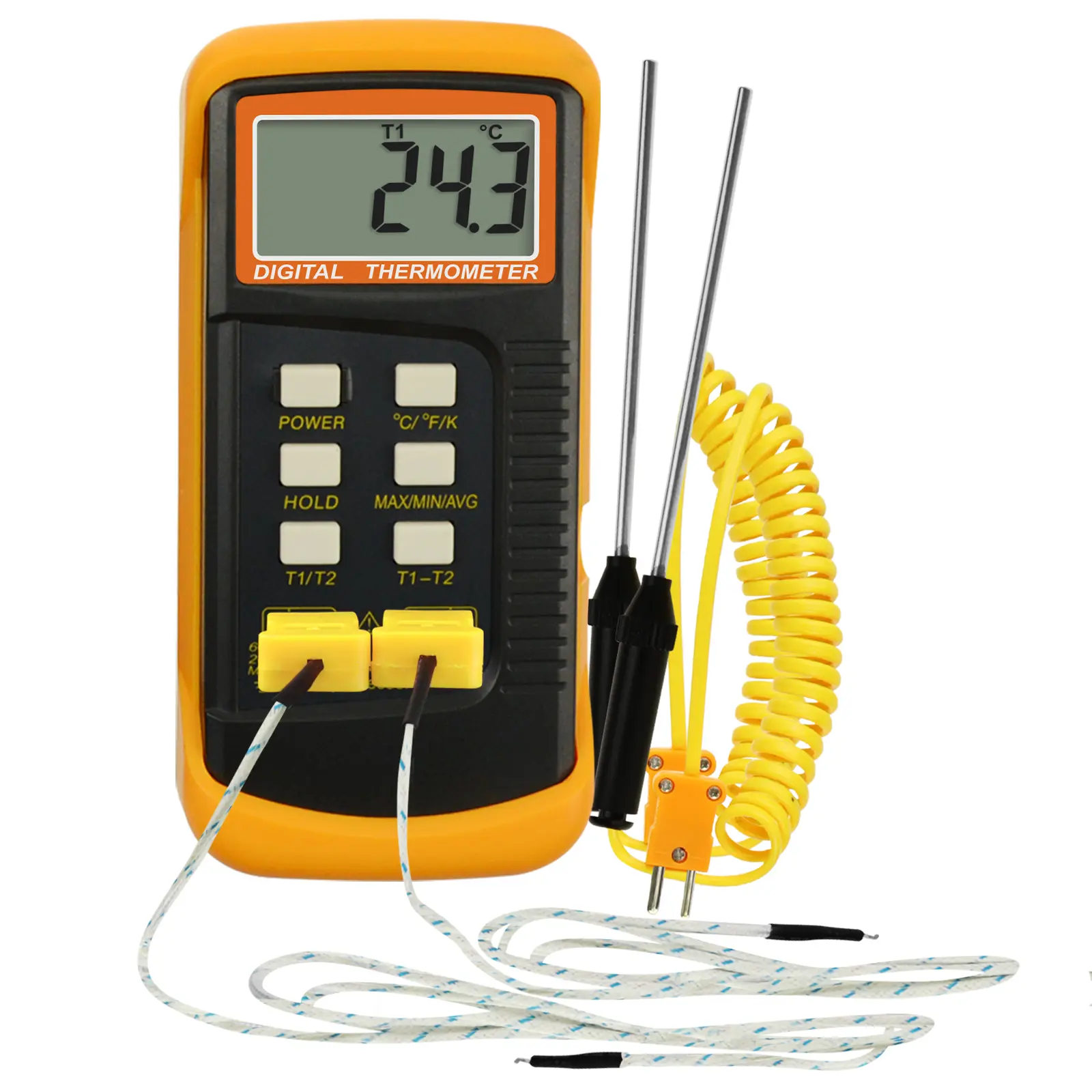 ILTH-315_2P Yellow K-Type Digital Thermocouple Thermometer, Dual-Channel 4-Probe High-Temp Gauge for Pottery, Ovens, Industrial Use, -50~400°C Range, 9V Battery Powered