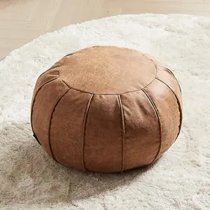 Unstuffed Moroccan Ottoman Pouf Cover, Waterproof Handmade Faux Decor Storage Solution, Footstool Pouffe Cover Replacement Balcony Indoor 21dia Chestnut Brown, ONLY Cover