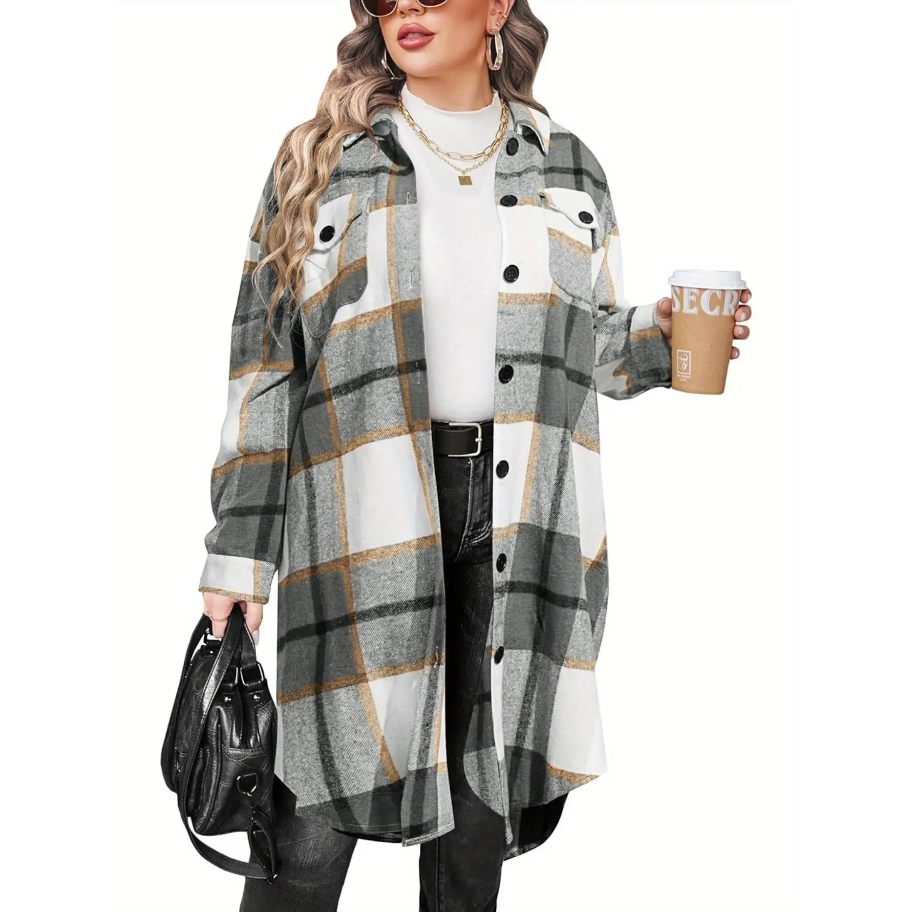 Womens Plus Size Flannel Plaid Shirts Long Sleeve Lounge Lapel Boyfriend Button Down Tartan Long Jacket Coats
