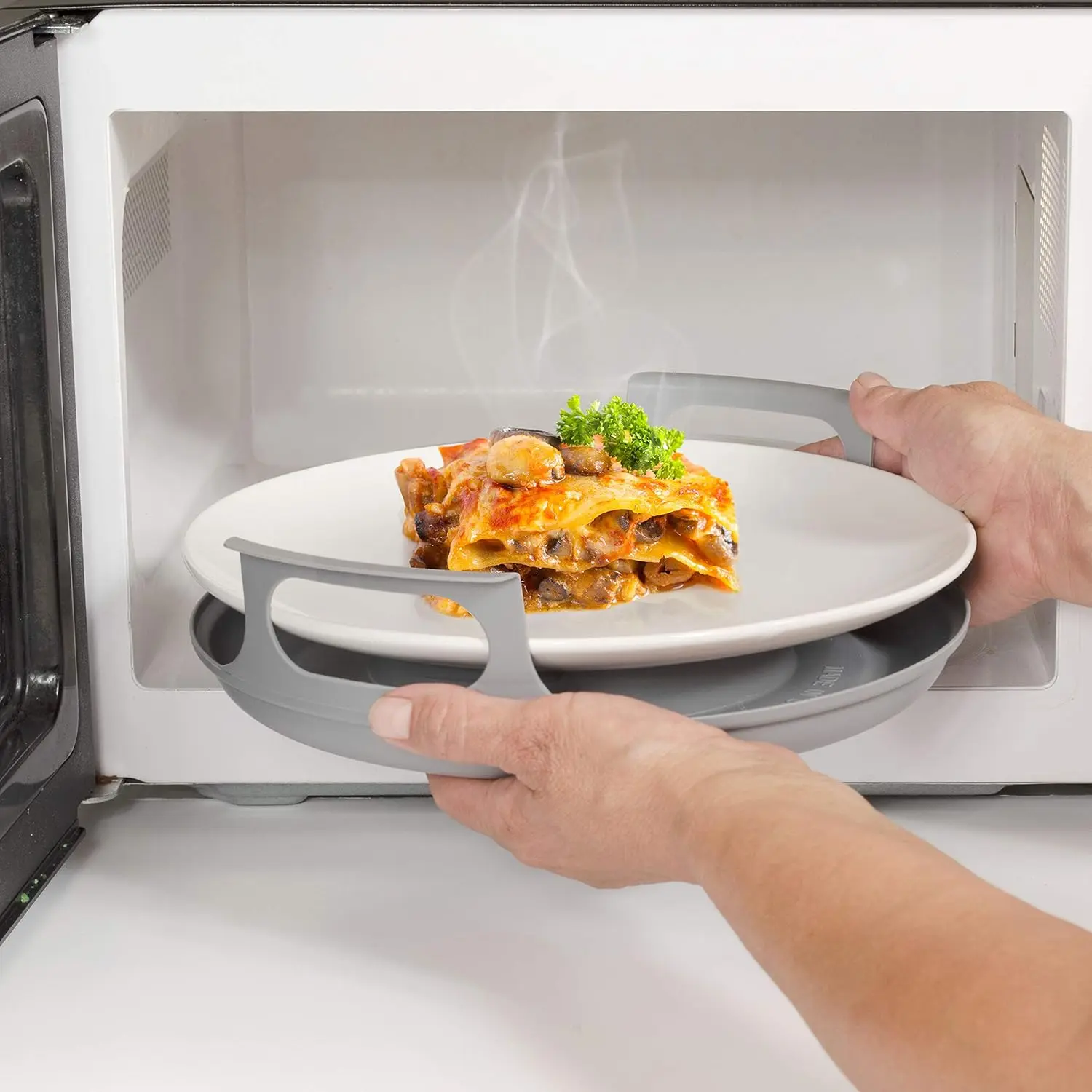 Microwave cool plate and spillover caddy with handles. For bowls, BPA free