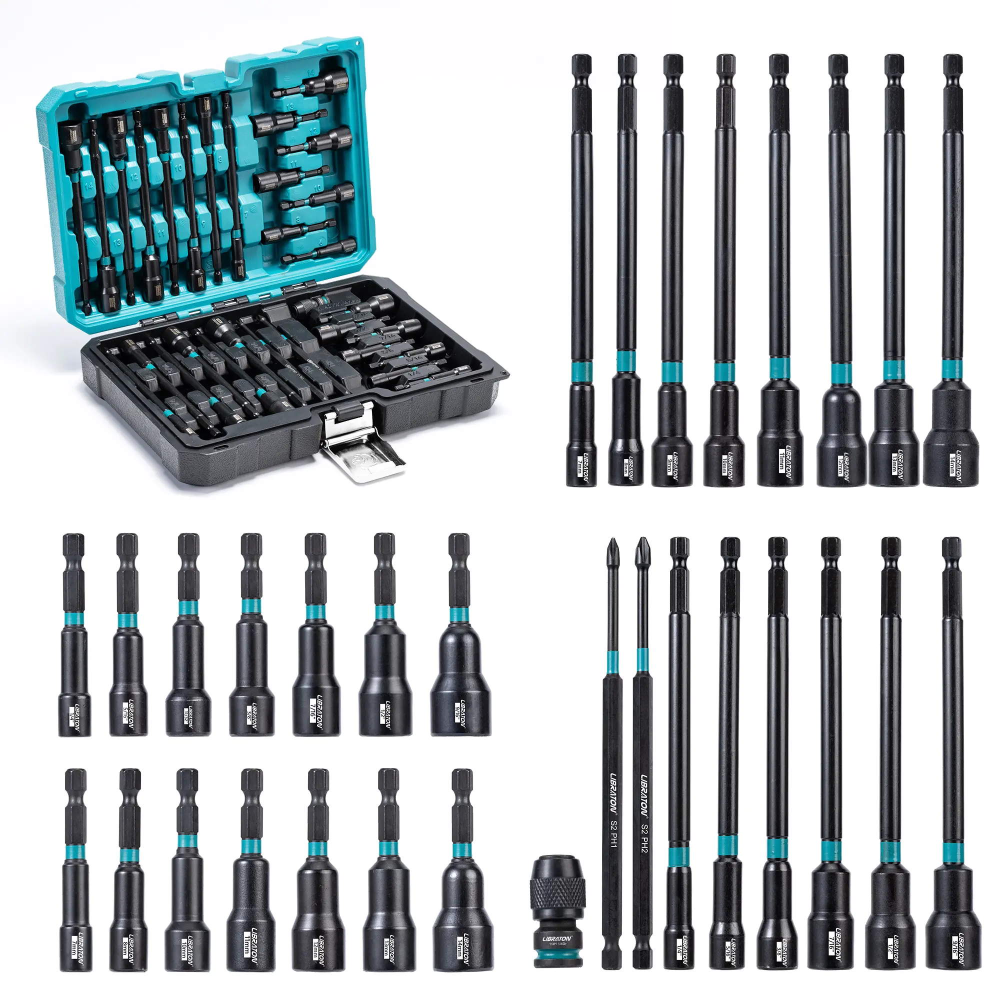 Libraton Magnetic Nut Driver Set-S,gift for man,Metric & SAE Nut Drivers for Impact Drill, Socket Set, Impact to Hex Converter, PH1, PH2, Storage Box outdoorfun Multipurpose Screwdriver Kit Screwdriver Bit Holder