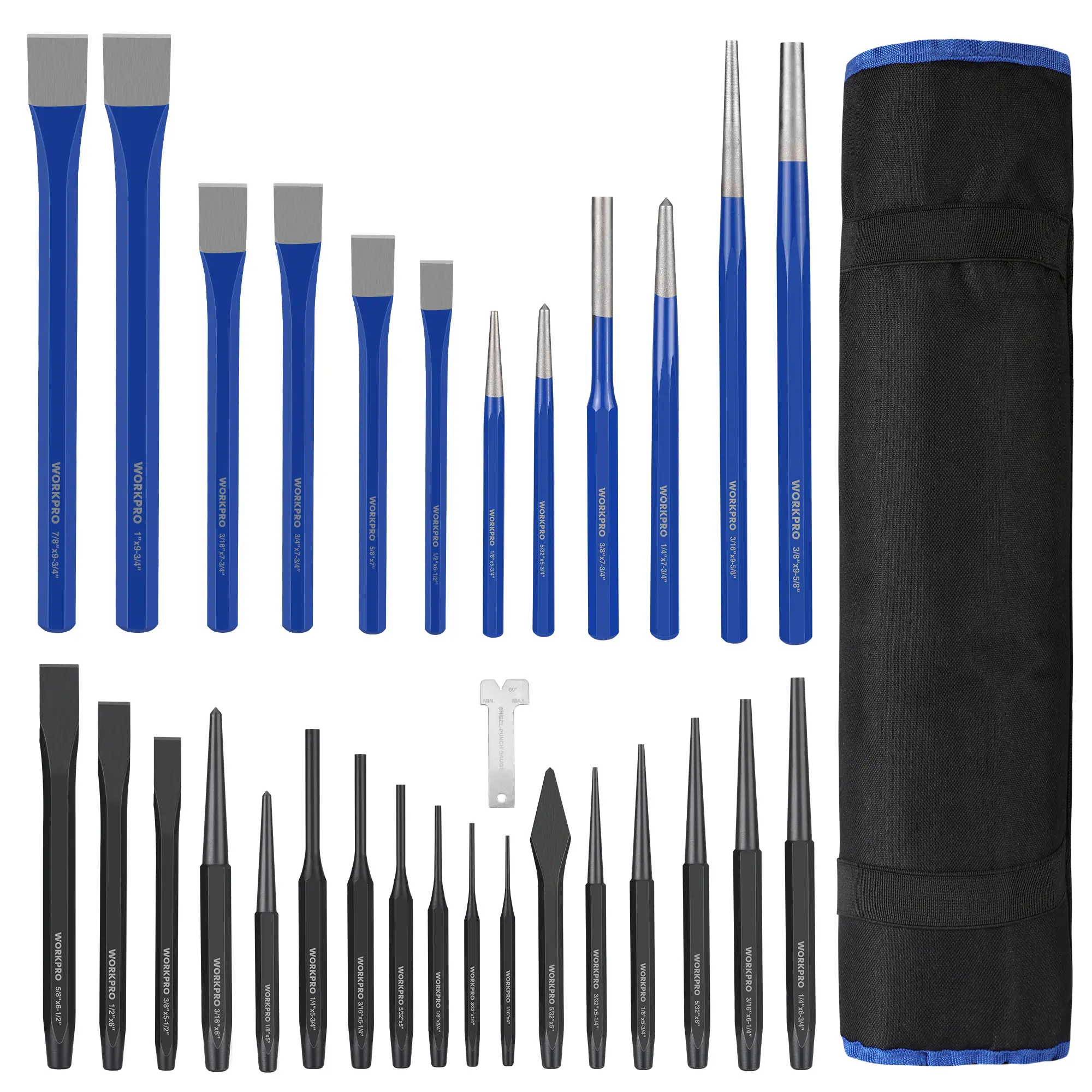 #toolupgrade WORKPRO 30 PCS Heavy Duty Punch and Chisel Set with Roll Pouch, Cold & Cape Chisel, Center, Pin & Taper Punch, and Gauge, Blackened and Painted Finish for Durability