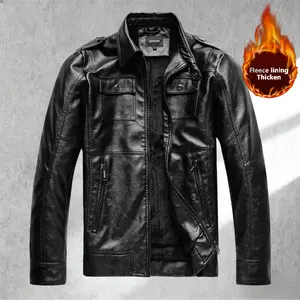Men's Leather Jacket with Fleece Lining Retro Motorcycle Style Stand Collar Slim Fit for Vintage Enthusiasts Daily Wear Long Sleeve Personalized