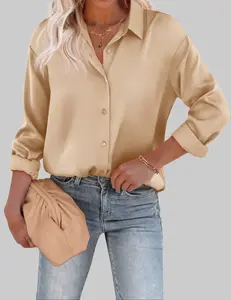 Womens Blouse Satin Silk Shirts Button Down Shirts Casual Loose Long Sleeve Office Work Tunic Tops