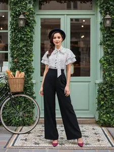 RETRO STAGE Women's 1930s Polka Dot Pattern Polyester Cotton Flared Jumpsuit, Tie-Neck, Fitted Short-Sleeve, Layered Flare Sleeves, Decorative Buttons, Ankle-Length Overalls