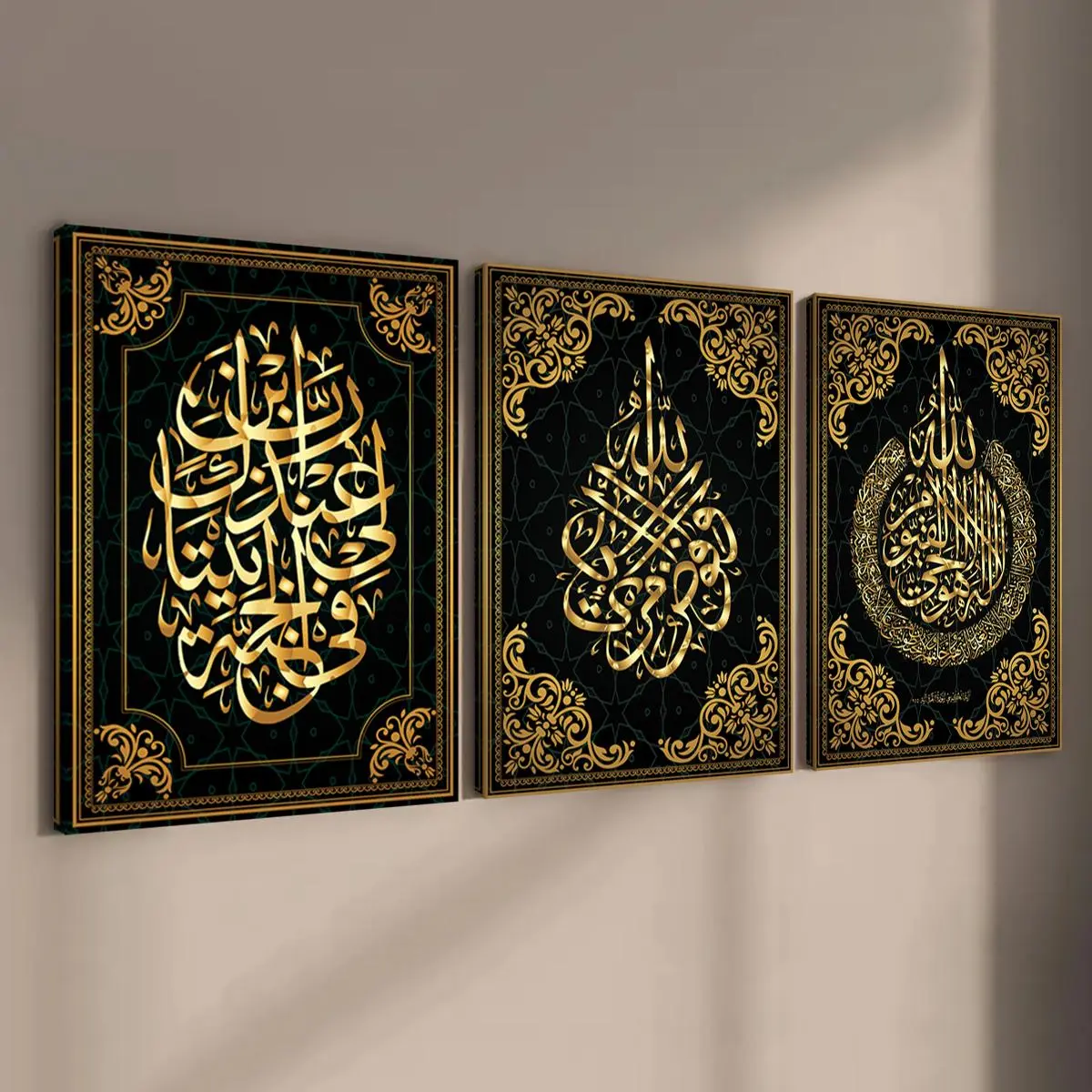 Arabic Calligraphy Art Poster, 3 Counts Wooden Framed Canvas, Modern Art Fashion Decoration, Corridor Art, Office, Apartment Dormitory Poster, Religious Home Decor, Stylish Religious Decor, Religious Decorations