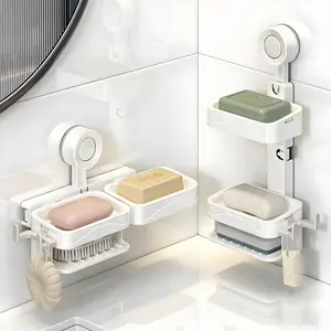 Soap Dish Holder for Shower Suction Cup Wall Mounted Self Draining NO Drilling Removable Bar Soap Sponge Holder for Bathroom Bathtub Kitchen Sink Waterproof Strong Vacuum Suction Adhesion Installation Set 2 Layer Design Drawer Shelf Stainless