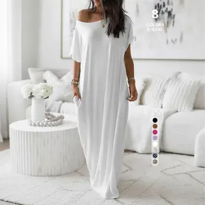 TFNOSIZE Women's Sexy Off-Shoulder Loose Dress, new asymmetrical shoulder design — elegant, simple, breathable; comfortable long flowing dress; suitable for daily wear, pajamas, and Basic Homewear Womenswear