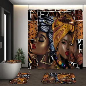 LVRLVR 4Pcs African American Women Tribal Print Boho Art Multi-Color Shower Curtain Set Bathroom Decoration Accessories 70.8×70.8 Inch