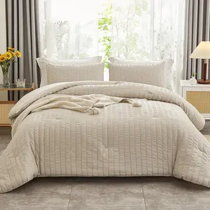 Beige Seersucker California King Comforter (104x96 inches), 3-100% Washed Microfiber Lightweight Comforter with 2 Pillowcases, Down Alternative