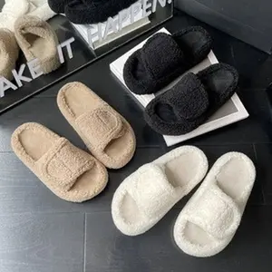 Furry Hook and Loop Open Toe Slippers For Women Soft Fuzzy Plush Cozy Comfy Comfortable Adjustable Non-Slip Slide Indoor Outdoor Slip-On Warm Winter House Shoes