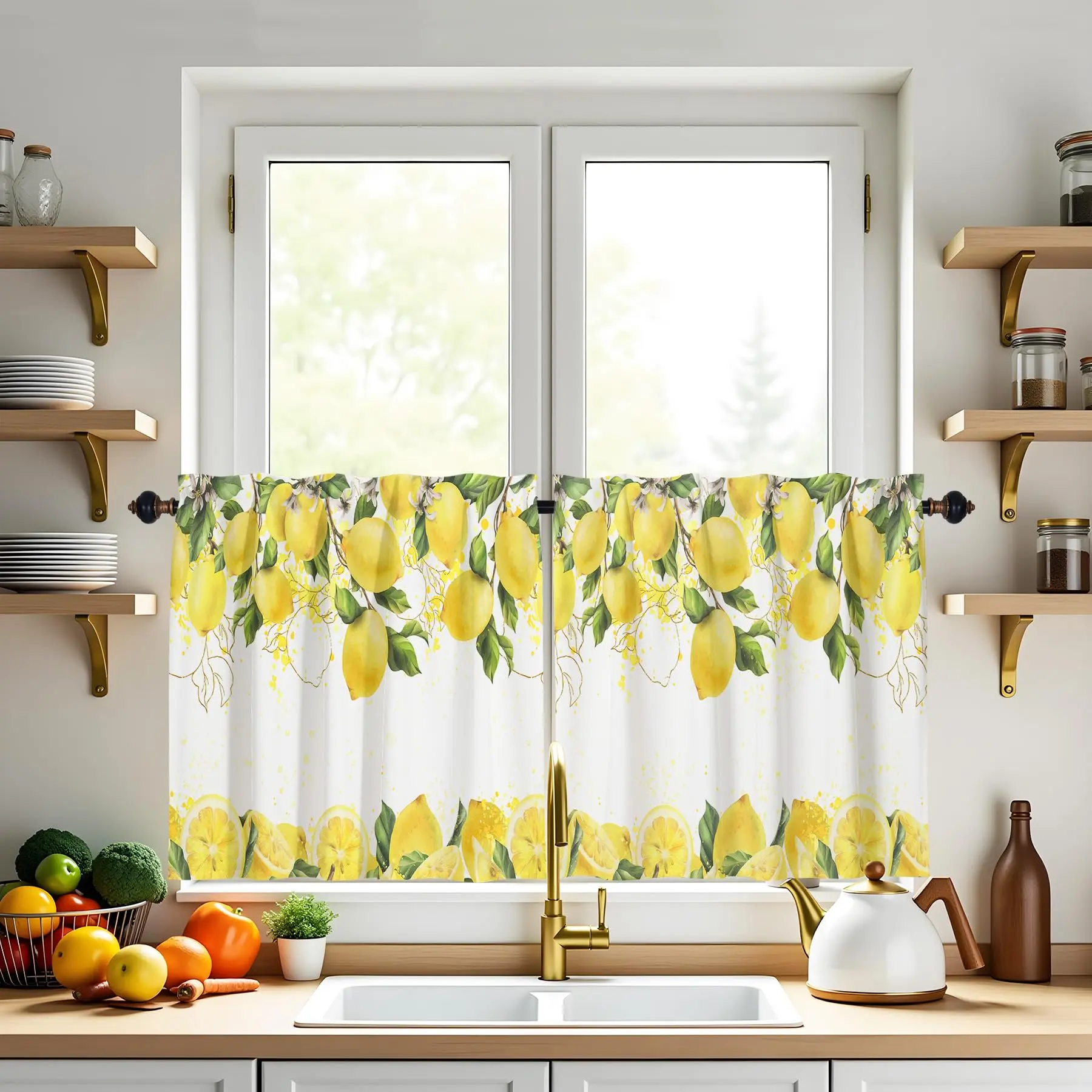 27x24 in Polyester Cafe Curtains, Yellow Lemon Rustic Charm Farmhouse simple style Rod-Pocket Curtains, 2 Panels for Small Kitchen bedroom living room Windows valance easy install