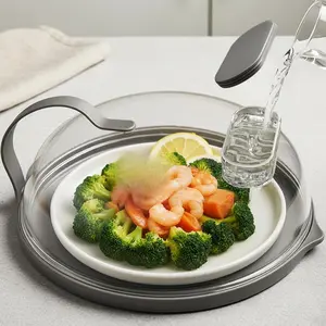 Glass Microwave Splatter Cover with Handle with Water Steamer for Food 10 Inch Steam Guard with Handle Plate Covers for Heating Food Splash Oven Lid with Built in Steamer