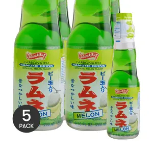 5 Pack SHIRAKIKU Japanese Ramune Marble Soda Melon Flavor 6.76 fl oz Each - Classic Fun Drink