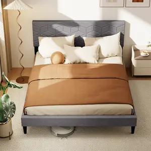 COSTWAY - Twin/Full/Queen Size Bed Frame Modern Platform Bed with Linen Fabric Upholstered Headboard-Queen