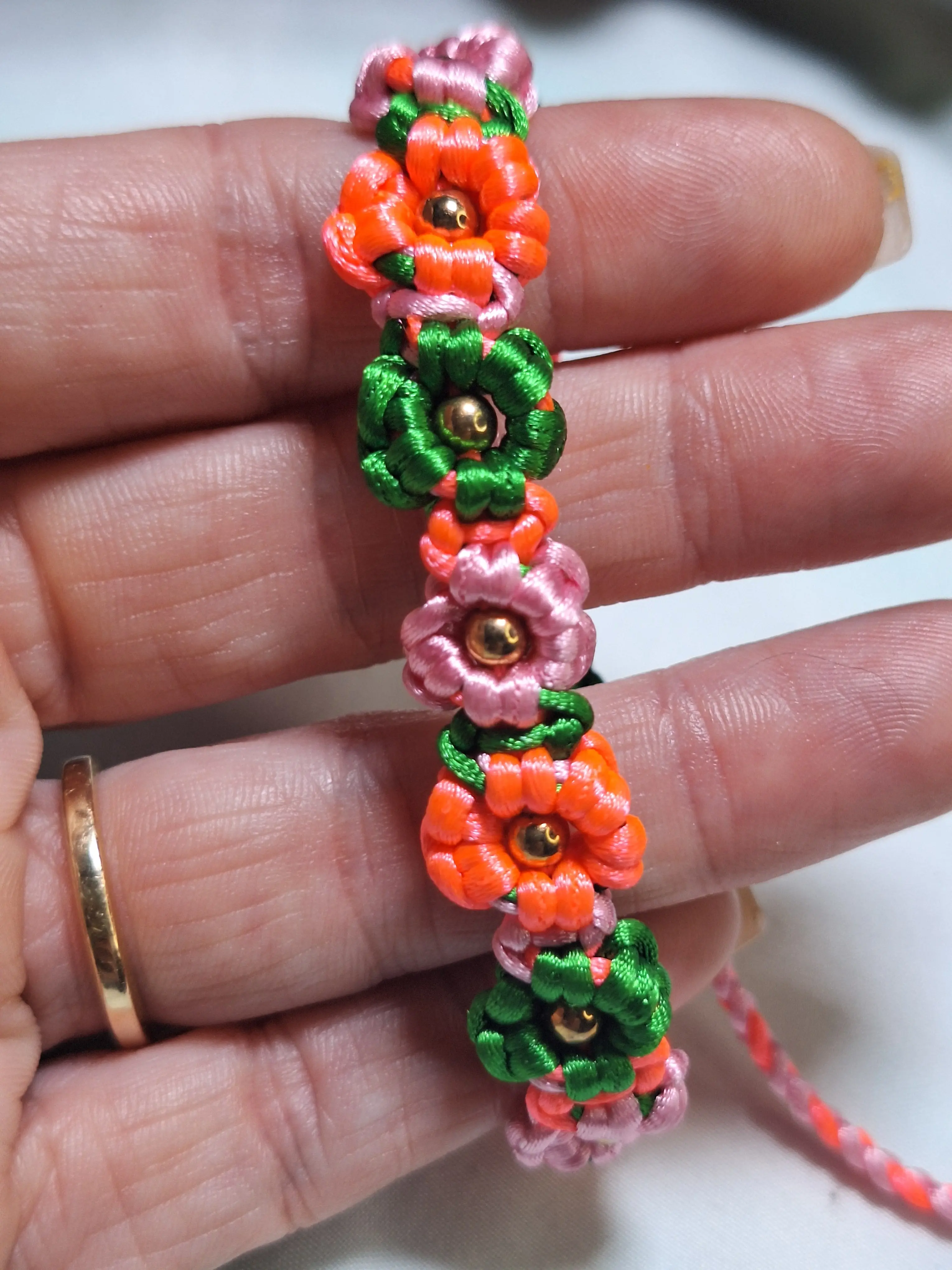 Handcrafted Silk Flower Bracelet - Pink & Green with Pearls