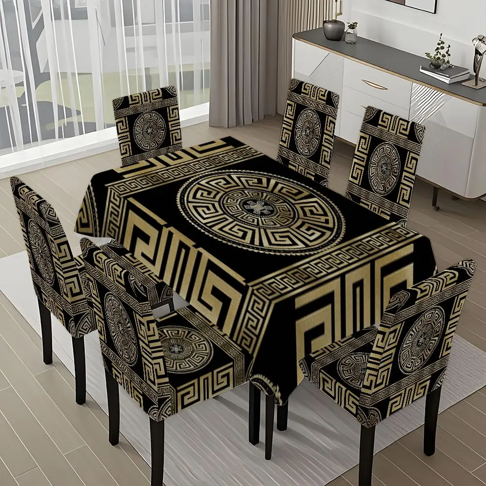5/7-piece 2D Flat Printing Black and Gold Meander Geometric Pattern Printing Pattern Modern Tablecloth and Chair Cover Set, for dining table and chair decoration, perfect for home, holiday gatherings, restaurants, and parties.