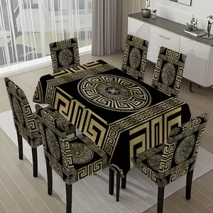 5/7-piece 2D Flat Printing Black and Gold Meander Geometric Pattern Printing Pattern Tablecloth and Chair Cover Set, for dining table and chair decoration, perfect for home, holiday gatherings, restaurants, and parties.