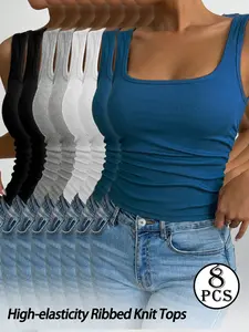 Viral 8PCS Ribbed Square Neck Tank Tops | Buttery Soft Stretchy Basic Tops for Everyday Wear Bra