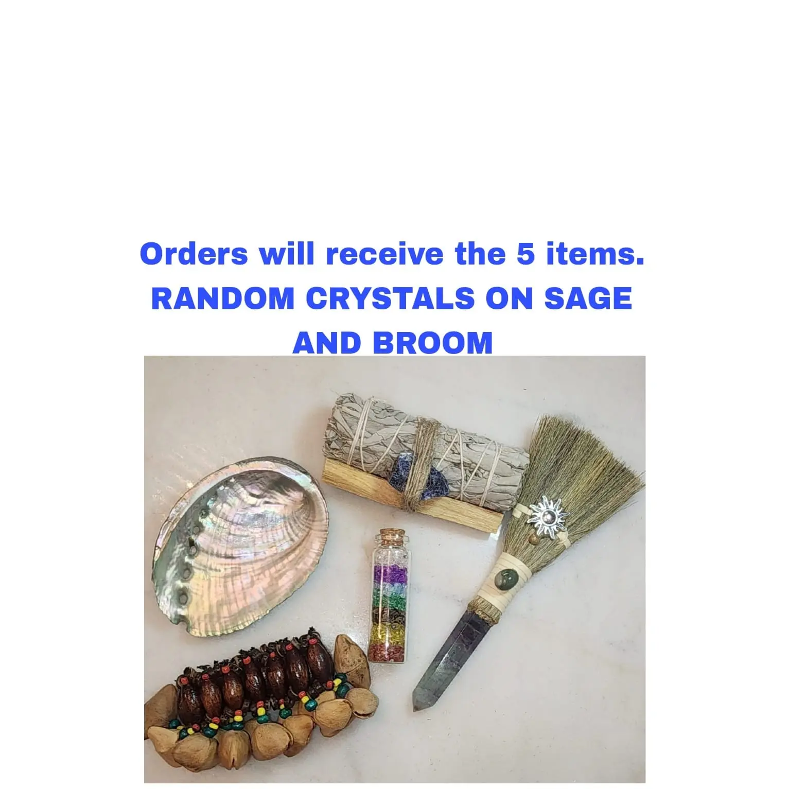 Palo Santo&Sage Smudge Kit with – 5 Spiritual Healing Tools with Chakra Crystal Bottle, Energy Broom, Abalone Shell & Nut Shell Bracelet – Cleansing Gift Set for Meditation, Reiki & Yoga