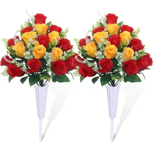Set of 2 Artificial Cemetery , Grave Memorial  with Vase, Outdoor Grave Decorations Roses for Cemetery Headstones Decoration (Red Yellow)