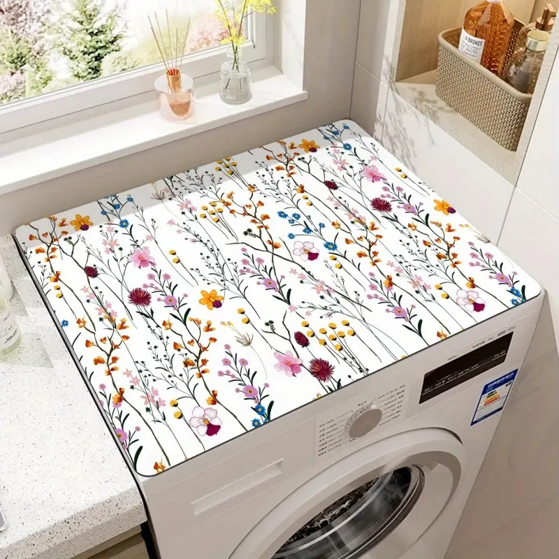 1PC Lightweight Durable Polyester Full-Width Washer Top Cover Mat - Rubber Non-Slip, High Absorbency Dust Protector, Single-Sided Vintage Floral Printing, Laundry Room Decoration, Household Textile Accessory, Machine Washing Not Recommended