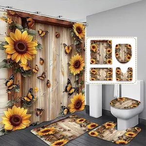 Creative Sunflower & Butterfly Shower Curtain Set, Wood Grain Background, Rustic Farmhouse Style, Includes Hooks, Bath Mat, Toilet Pad, U-Shaped Pad, Bathroom Decoration Accessories