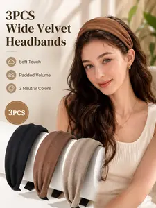 3PCS Wide Velvet Headbands for Women Vintage Solid Color Style, Soft Stretchy Padded Hair Bands with Non-Slip Comfortable Hold, High Crown Look Hair Accessories for Thick Thin Hair, Daily Wear, Makeup, Work, Travel, Party and Gift Styling
