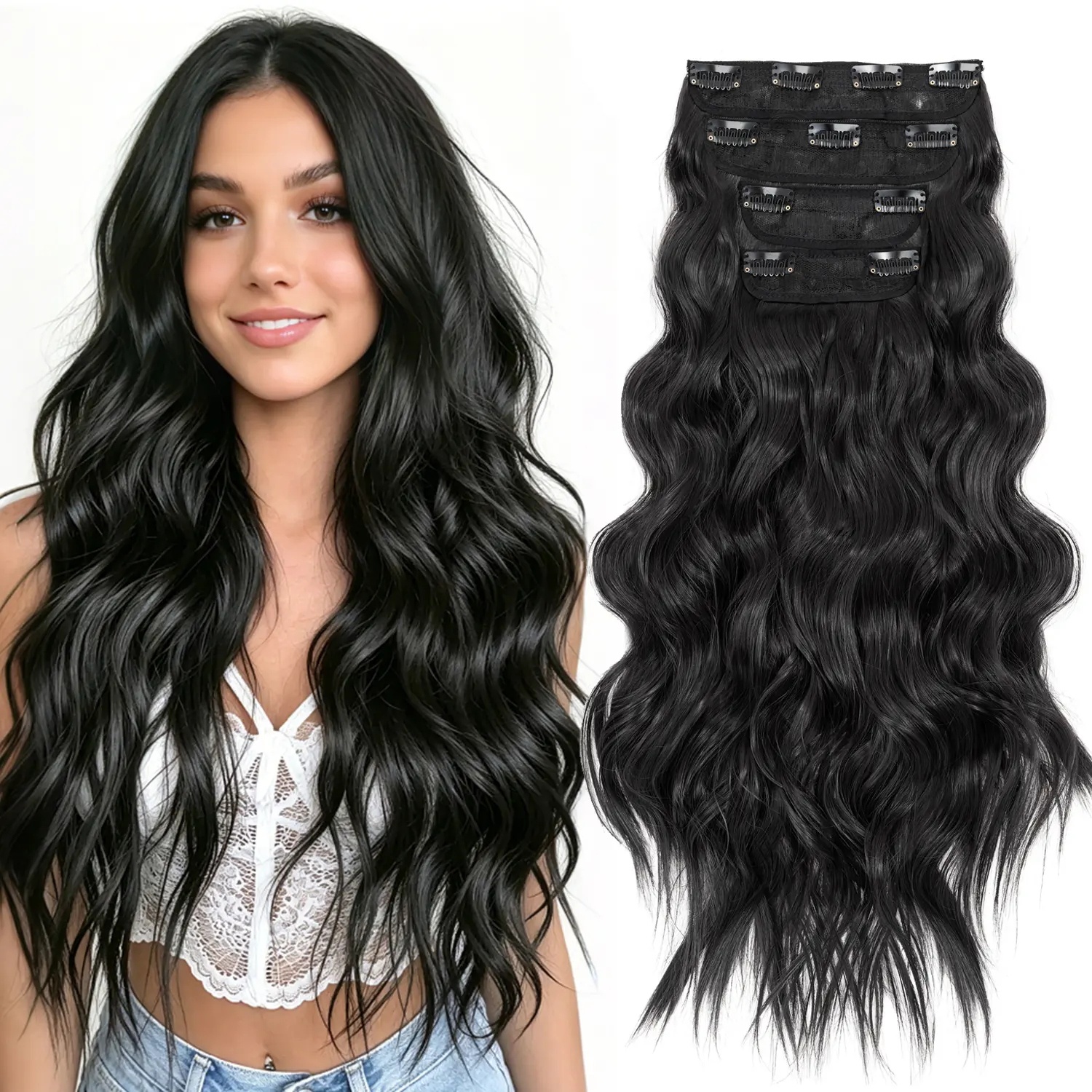 Clip in Hair Extensions 22 Inch Curled Hair Full Head Synthetic Fiber Hairpieces 4PCS Lightweight Lace Net Tangle. Free Stylish Long Wavy Hairpieces for Women and Girls, Easy to Install for Daily Use and Event Party Use