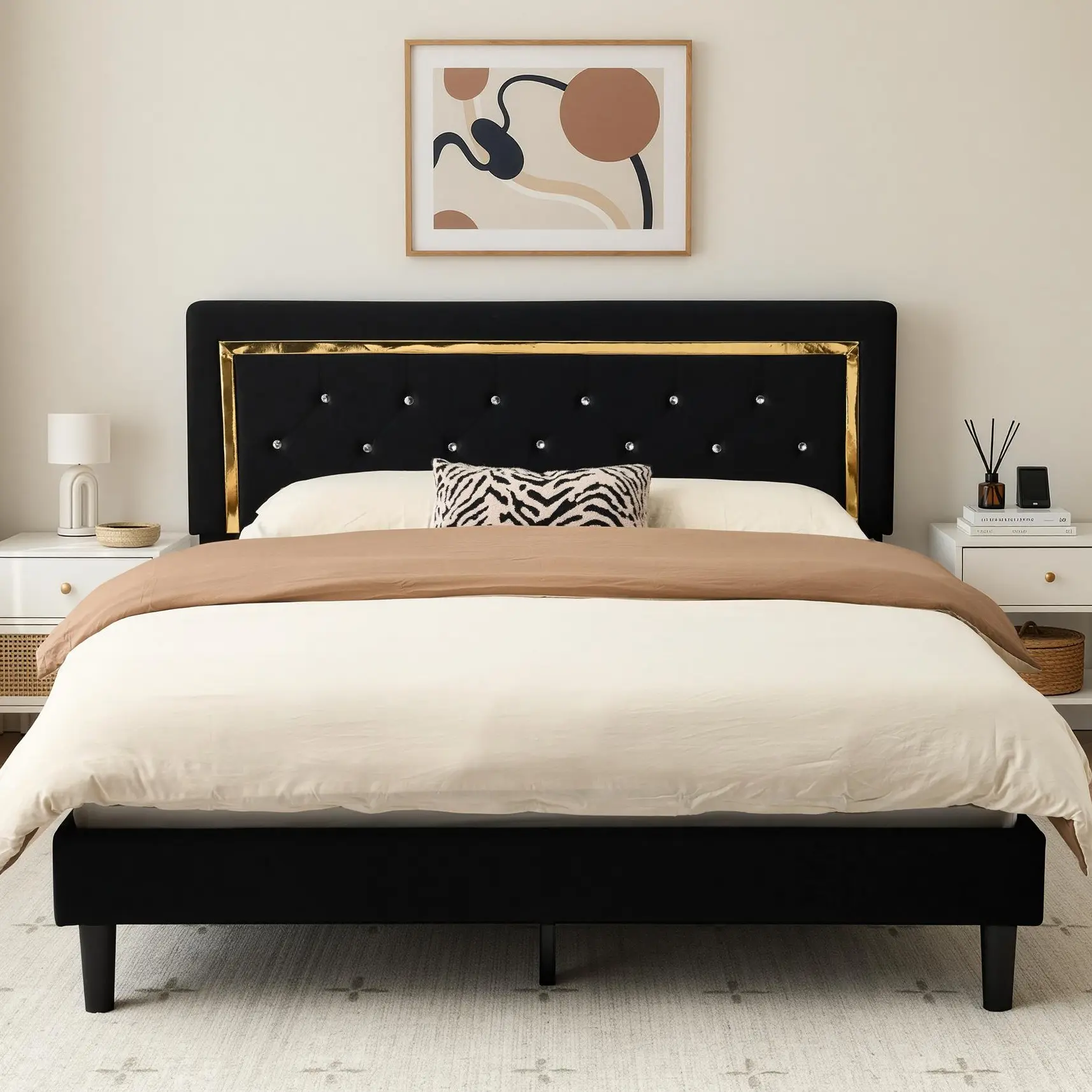 CAODOC Modern Bed Frame with Headboard Button Tufted/Upholstered Platform Bed with Velvet Fabric Headboard, Non-Slip and Noise-Free/Wooden Slats SupportNo Box Spring Needed/Furniture Room/Full/Queen Size/Best Gift Ideas/Christmas Gifts