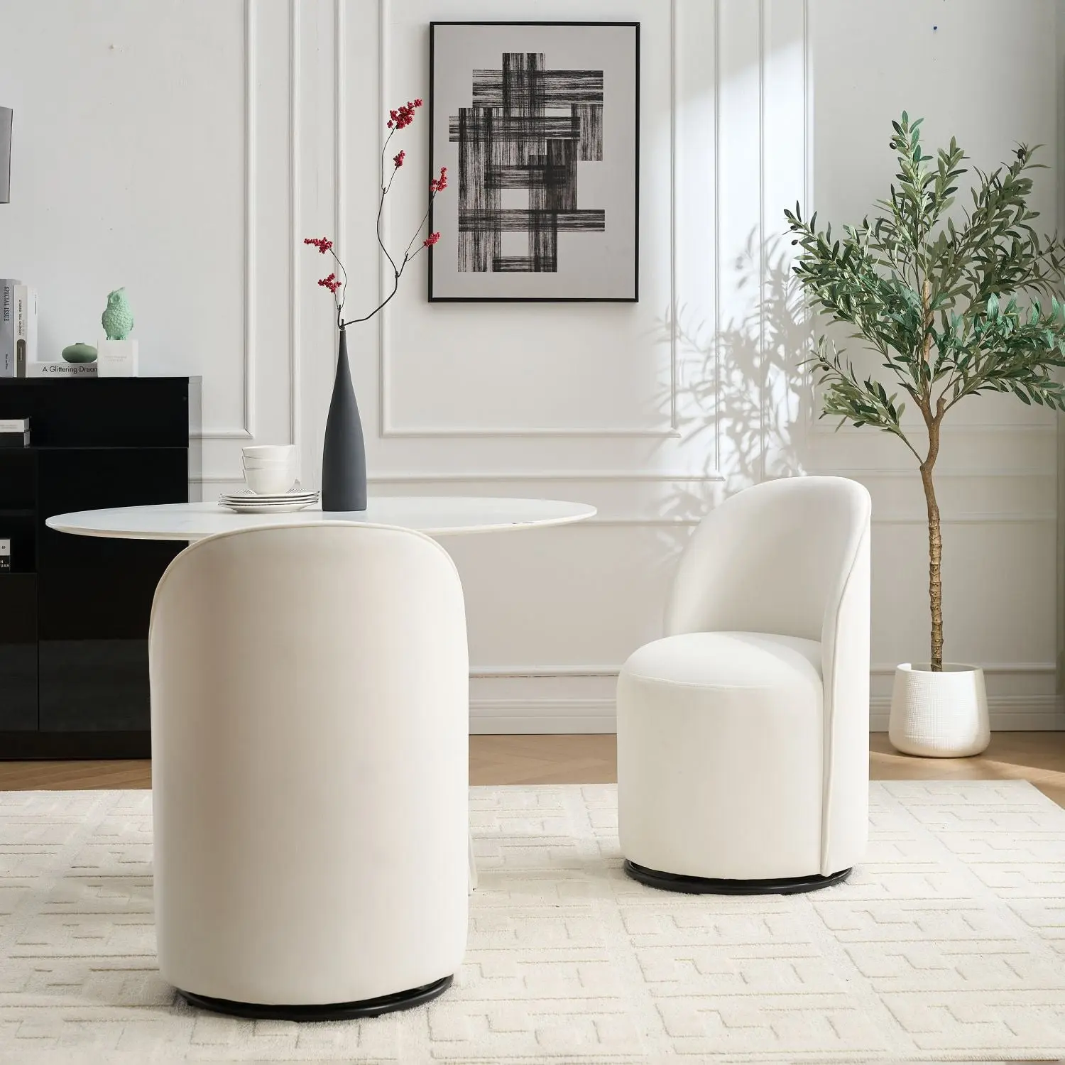 1-Piece Mid-Century Modern Armless Round Back Velvet Fabric Kitchen & Dining Room Barrel Chair with 360-Degree Swivel Base